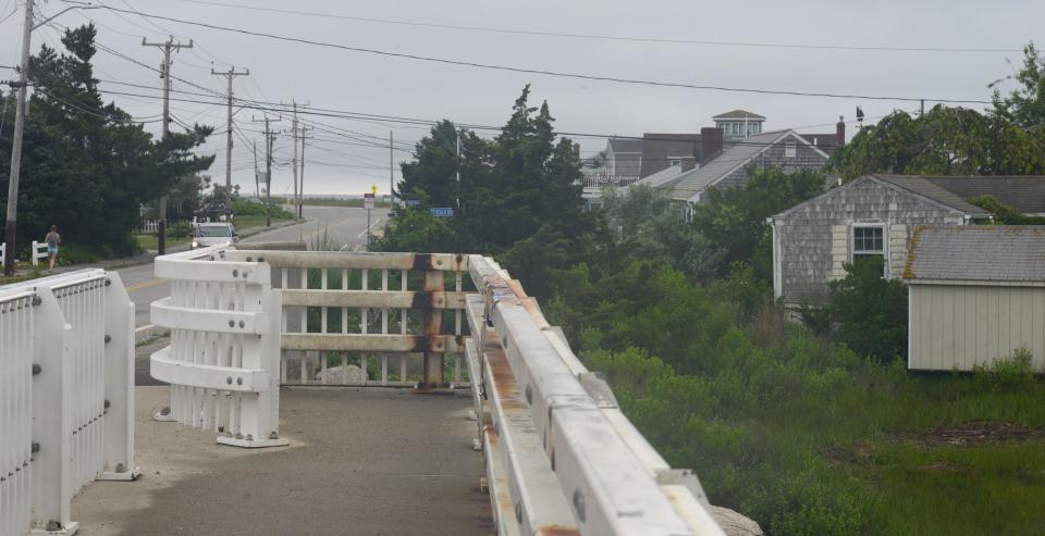 A view looking south in Centerville, from the Centerville River bridge toward Craigville Beach, shows property purchased on June 28 by Park City Wind LLC  at 2 Short Beach Road, at right. The property is part of the company's cable-laying plans for its offshore wind project south of the Islands.