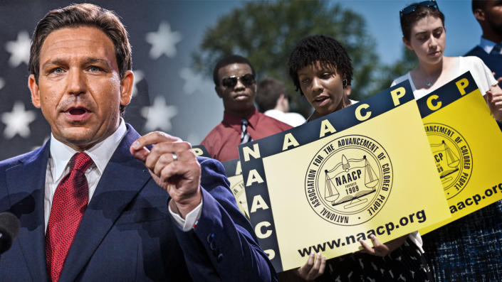 Florida GOP Gov. Ron DeSantis (left) and NAACP members (right) (Photo illustration: Jack Forbes/Yahoo News; photos: Giorgio Viera/AFP via Getty Images, Nicholas Kamm/AFP via Getty Images)