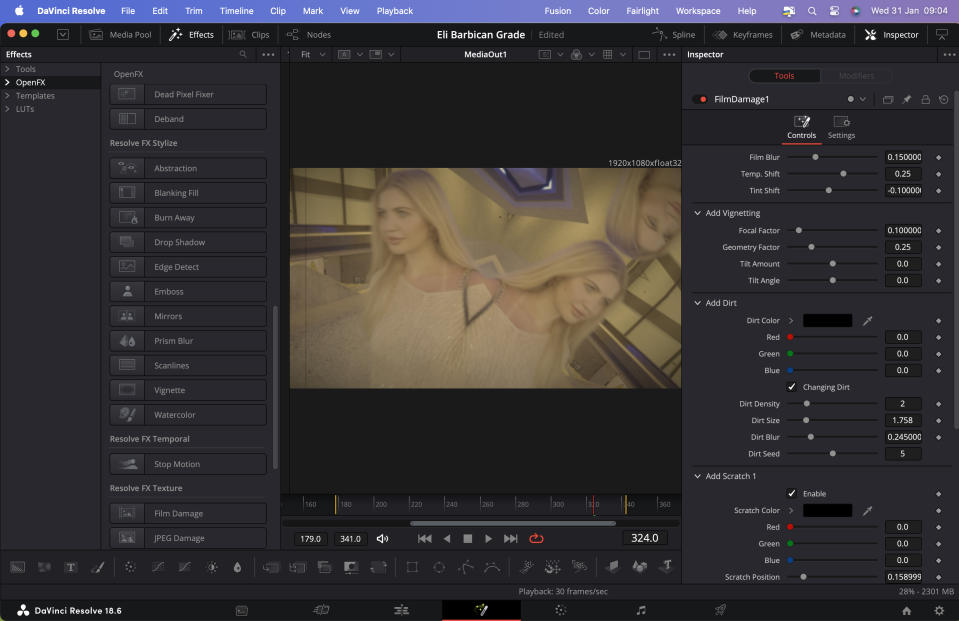 Screenshots from video editing app DaVinci Resolve 18.6