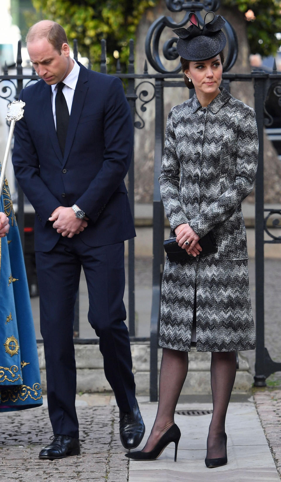 <p>The Duchess chose a suitably sombre look for a memorial service remembering the victims of the Westminster attack. She wore a zig-zag printed coat by Missoni (costing £2900) with a bow-topped black hat. A black clutch and heeled pumps added to the dark ensemble.</p><p><i>[Photo: PA]</i> </p>