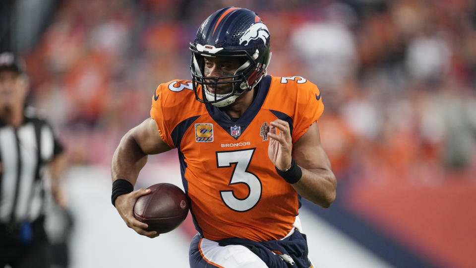 Denver Broncos quarterback Russell Wilson (3) in the first half of an NFL football game Thursday, Oct. 6, 2022, in Denver. (AP Photo/David Zalubowski)