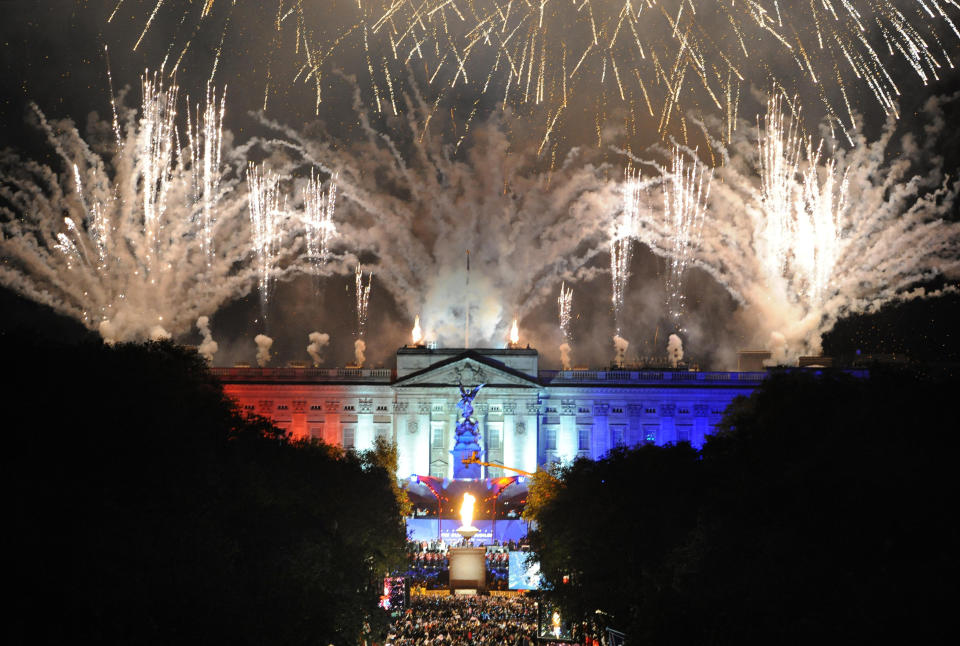 A beacon is lit outside Buckingham Palace during the Jubilee concert, a part of the Diamond Jubilee celebrations.