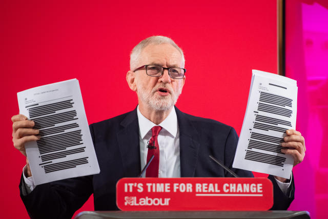 Labour leader Jeremy Corbyn holds redacted copies of the Department for International Trade's UK-US Trade and Investment Working Group report following a speech about the NHS, in Westminster, London.