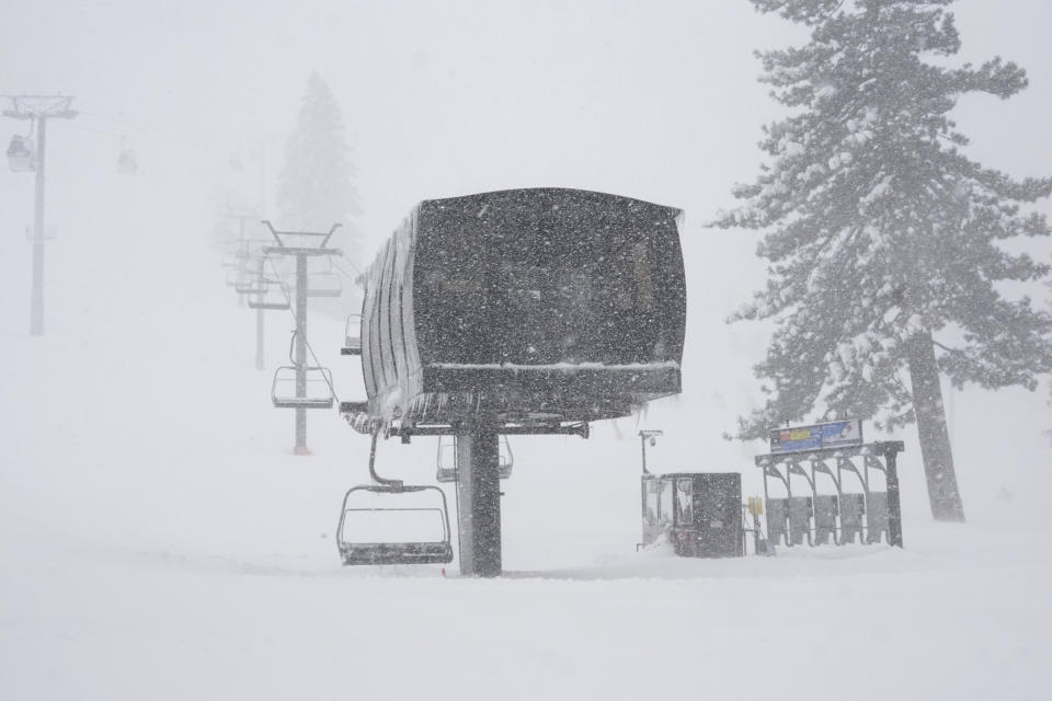 Palisades Tahoe ski resort remains closed during a storm, Sunday, March 3, 2024, in Olympic Valley, Calif. (AP Photo/Brooke Hess-Homeier)