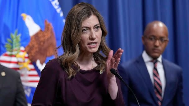 PHOTO: DEA Administrator Anne Milgram, left, speaks as United States Attorney for the Southern District of New York Damian Williams, right, listens during a news conference at the Justice Department in Washington, D.C., April 14, 2023. (Susan Walsh/AP)