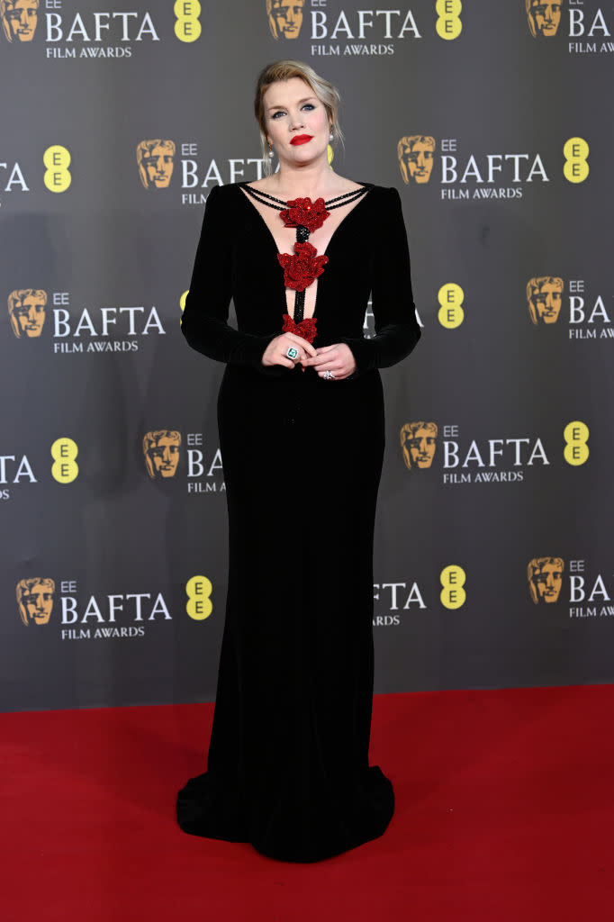 LONDON, ENGLAND - FEBRUARY 18: Emerald Fennell wears armani prive with rosettes attends the EE BAFTA Film Awards 2024 at The Royal Festival Hall on February 18, 2024 in London, England. (Photo by Joe Maher/BAFTA/Getty Images for BAFTA)