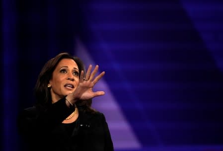 Democratic 2020 U.S. presidential candidate Senator Kamala Harris (D-CA) reacts during a televised townhall on CNN dedicated to LGBTQ issues in Los Angeles, California