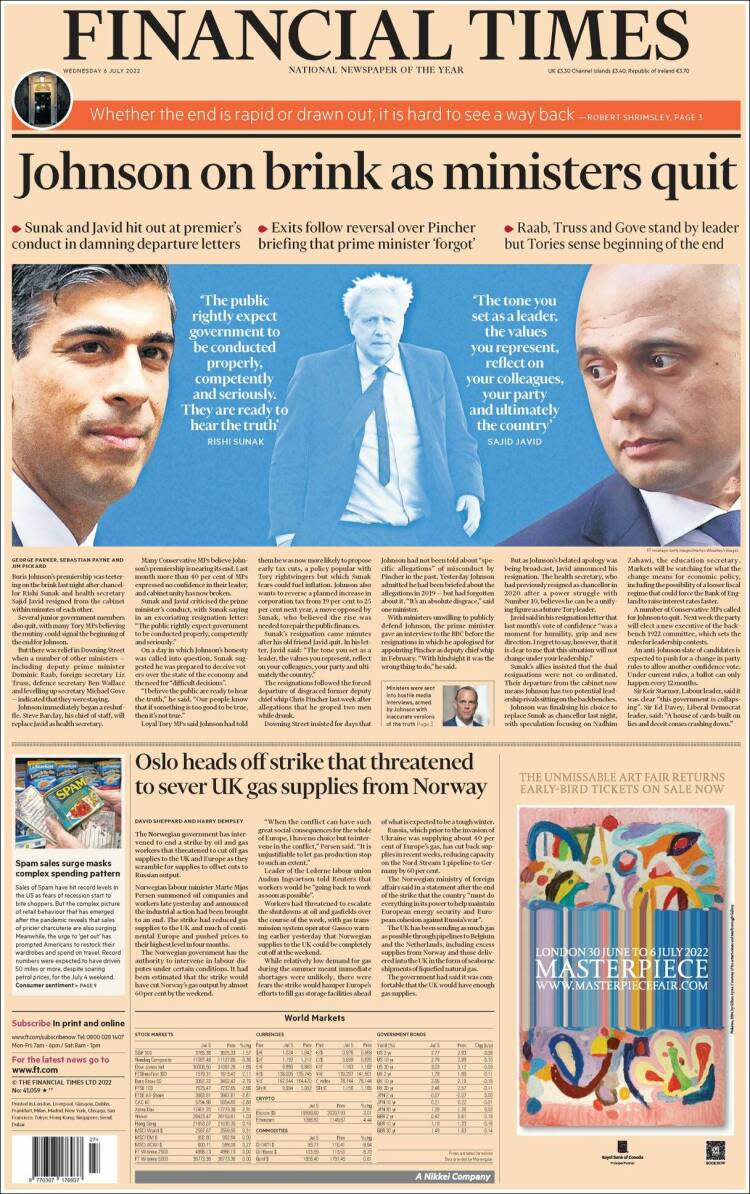 Johnson al límite por la dimisión de sus ministros. (Financial Times)