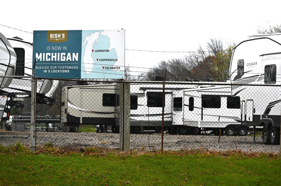 Keystone Cougar trailers like these were stolen from this overflow lot off Lott Road Sunday from Bish's RV. Both Were recovered when two Ft. Wayne men were arrested.