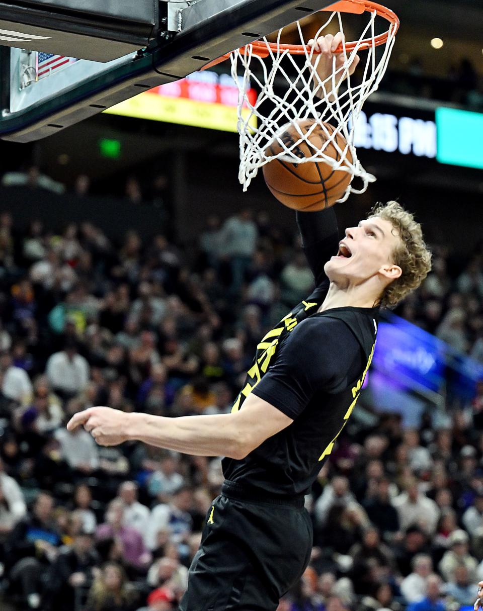 Utah Jazz forward Lauri Markkanen (23) dunks the ball as the Jazz and Raptors play at the Delta Center in Salt Lake City on Friday, Jan. 12, 2024. Utah won 145-113. | Scott G Winterton, Deseret News