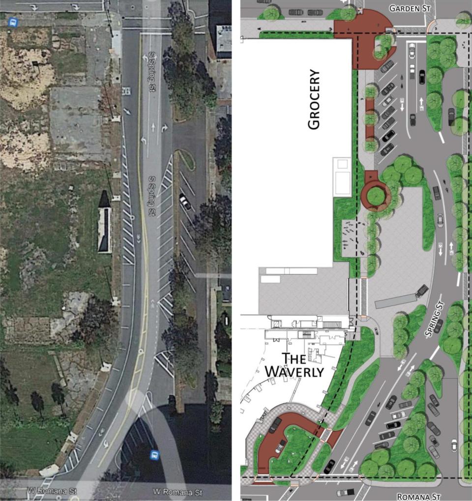 A side-by-side top-down view shows what the changes are planned for Spring Street as part of the development agreement for the construction of the Westmore apartments and the Waverly condos.