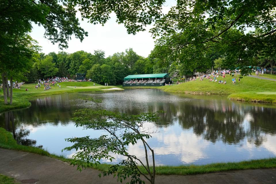 Jun 5, 2022; Dublin, Ohio, USA; Jhonattan Vegas and Francesco Molinari play the 12th green during the final round of the Memorial Tournament at Muirfield Village Golf Club on June 5, 2022. Mandatory Credit: Adam Cairns-The Columbus Dispatch