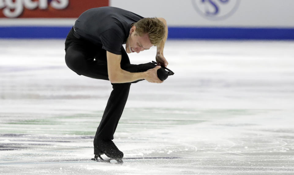 Michal Brezina, of the Czech Republic, performs during the men's short program at Skate America, Friday, Oct. 19, 2018, in Everett, Wash. (AP Photo/Ted S. Warren)