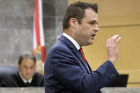 Shooting suspect Michael Boatwright's attorney, Joseph Kimok, gives his opening statement during the XXXTentacion murder trial at the Broward County Courthouse in Fort Lauderdale, Fla., Tuesday, Feb. 7, 2023. Emerging rapper XXXTentacion, born Jahseh Onfroy, 20, was killed during a robbery outside of Riva Motorsports in Pompano Beach in 2018, allegedly by defendants Boatwright, Trayvon Newsome, and Dedrick Williams. (Amy Beth Bennett/South Florida Sun-Sentinel via AP, Pool)