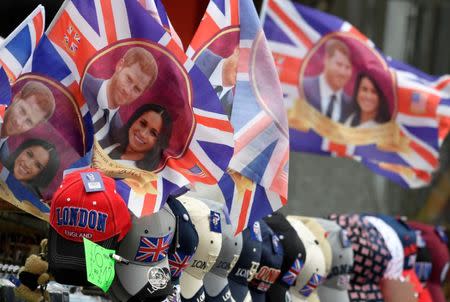 Flags are seen for sale ahead of the forthcoming wedding of Britain's Prince Harry and his fiancee Meghan Markle, on Oxford Street in London, Britain, May 11, 2018. REUTERS/Toby Melville