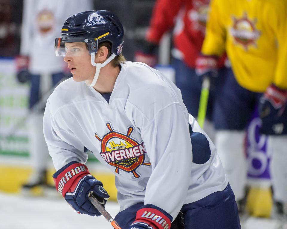 Peoria Rivermen winger Brennan Blaszczak participates in a drill with his new teammates during a recent practice at the Peoria Civic Center.
