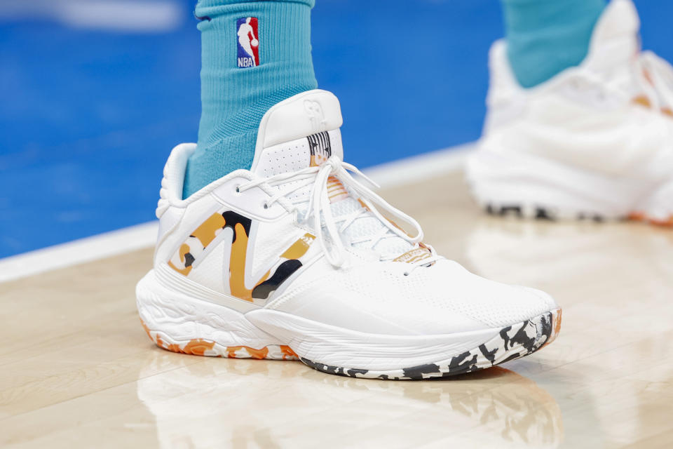 Feb 2, 2024; Oklahoma City, Oklahoma, USA; A close up view of Charlotte Hornets guard Nick Smith Jr.’s shoes during the second half against the Oklahoma City Thunder at Paycom Center. Mandatory Credit: Alonzo Adams-USA TODAY Sports