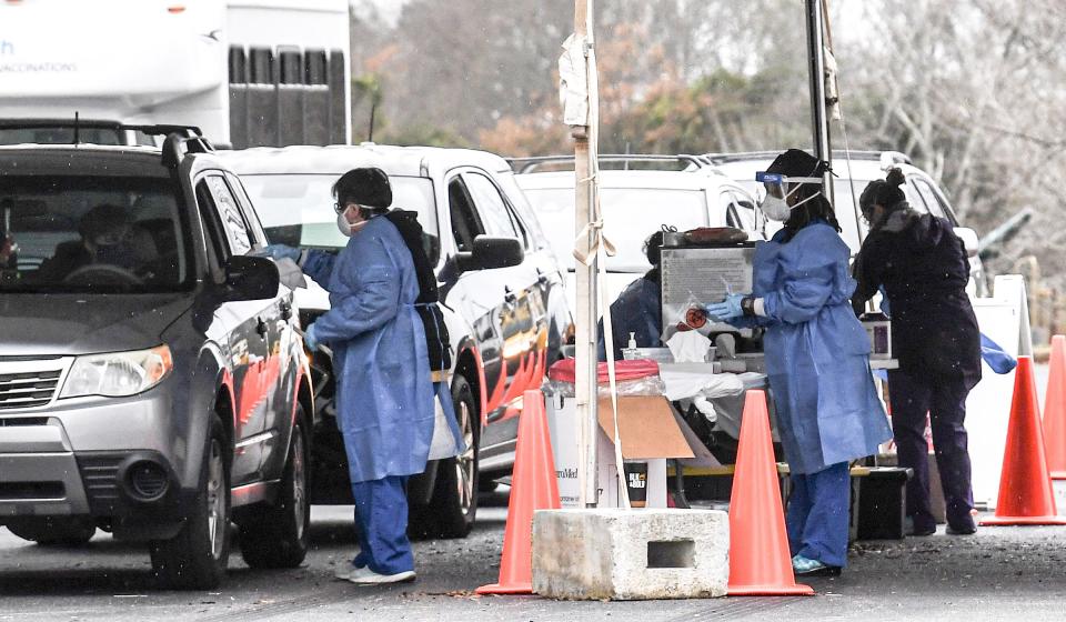 People line up for free DHEC Covid-19 testing site Anderson Civic Center in Anderson, S.C. Thursday, January 6, 2022. Hours are 9 a.m. to 1 p.m. on January 7 and 8, and 9 a.m. to 4 p.m. from January 9 to January 12, according to the SCDHEC website.