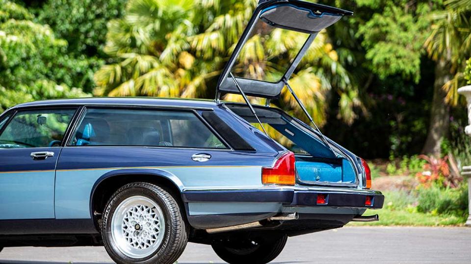 The 1987 Jaguar XJ-S V12 HE Lynx Eventer by Paolo Gucci with its trunk open