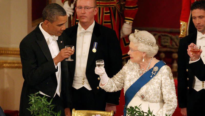 Britain’s Queen Elizabeth II, and U.S. President Barack Obama during a state banquet in Buckingham Palace, London, on Tuesday May 24, 2011.