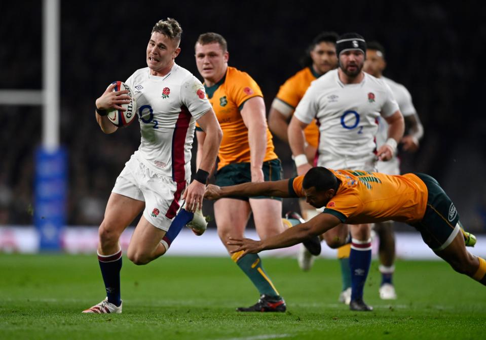 England's Freddie Steward scores their first try (REUTERS)