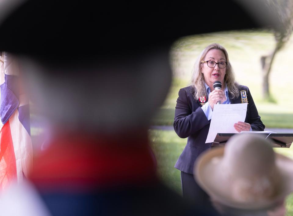 Melissa Danielson speaks about her distant uncle Jacob Nagle on Saturday during a ceremony honoring his life and military service.