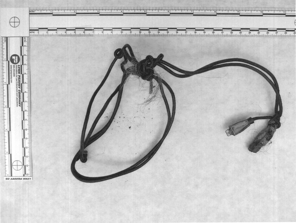 Investigators discovered this cord with hair extensions stuck in a knot alongside the remains. The Medical Examiner determined the cause of death to be strangulation. / Credit: Clark County Superior Court