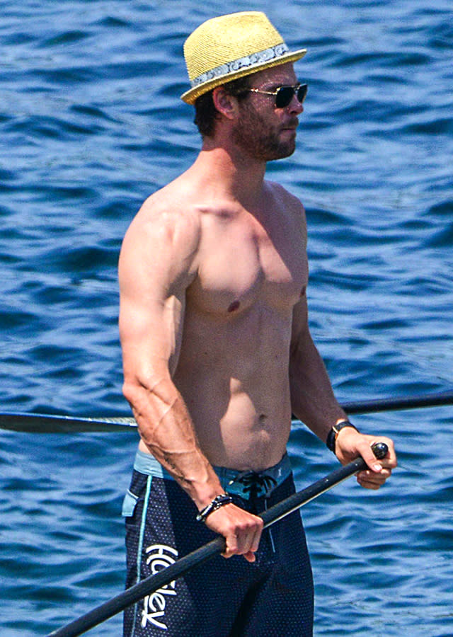 Is this a still of <strong>Chris Hemsworth</strong> in <em>Magic Mike 3XL: Return to Waterworld</em>? GSI Media <strong> WATCH: Aww! Chris & Elsa’s daughter met Prince Harry and it was adorable</strong> Nah, it’s just our very own God of Thunder on a paddle board in France! Look how jovial he is to be there! Hemsworth was vacationing off the Island of Corsica over the Fourth of July weekend and appears to have been shirtless basically the whole time. GSI Media Not that we’re complaining. Hemsworth was with his wife, <strong>Elsa Pataky </strong>though. GSI Media Who is like the most gorgeous woman in the entire world and could kick our ass for saying this -- watch her in the <em>Fast and Furious</em> movies, she’s basically about as buff as The Rock -- but she’s kind of ruining this fantasy for us. GSI Media Much better. If he weren’t already Thor, he’d basically be IRL Aquaman. <strong> NEWS: Find out who Hemsworth is playing in the all-female ‘Ghostbusters’</strong> Anyway, before their trip to France, Hemsworth and Pataky had been traveling around Europe with Oceana, with which Pataky serves as an ambassador. Here is a video from their trip to Malta. (Spoiler alert: He’s not shirtless, so do with that information what you will.) Now, find out about the “trip from hell” Hemsworth took with his three kids: