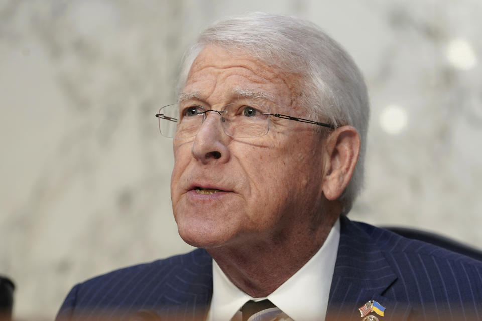 FILE - U.S. Sen. Roger Wicker, R-Miss., speaks during a Senate Armed Services Committee hearing Feb. 28, 2023, on Capitol Hill in Washington. Wicker faces two opponents in the Mississippi Republican primary, Tuesday, March 12, 2024, for U.S. Senate. (AP Photo/Mariam Zuhaib, File)