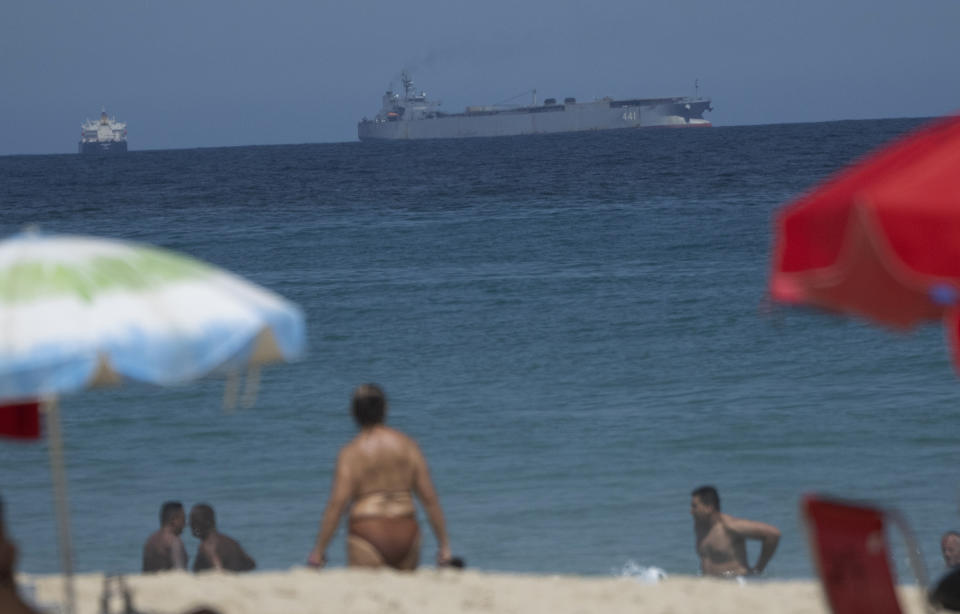 Iran's military ship IRIS Makran floats off Arpoador beach in Rio de Janeiro, Brazil, Thursday, March 2, 2023. (AP Photo/Silvia Izquierdo)