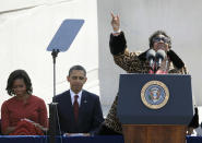 FILE - In this Oct. 16, 2011 file photo, Aretha Franklin sings before President Barack Obama speaks during the dedication of the Martin Luther King Jr. Memorial in Washington. Franklin died Thursday, Aug. 16, 2018 at her home in Detroit. She was 76. (AP Photo/Charles Dharapak, File)