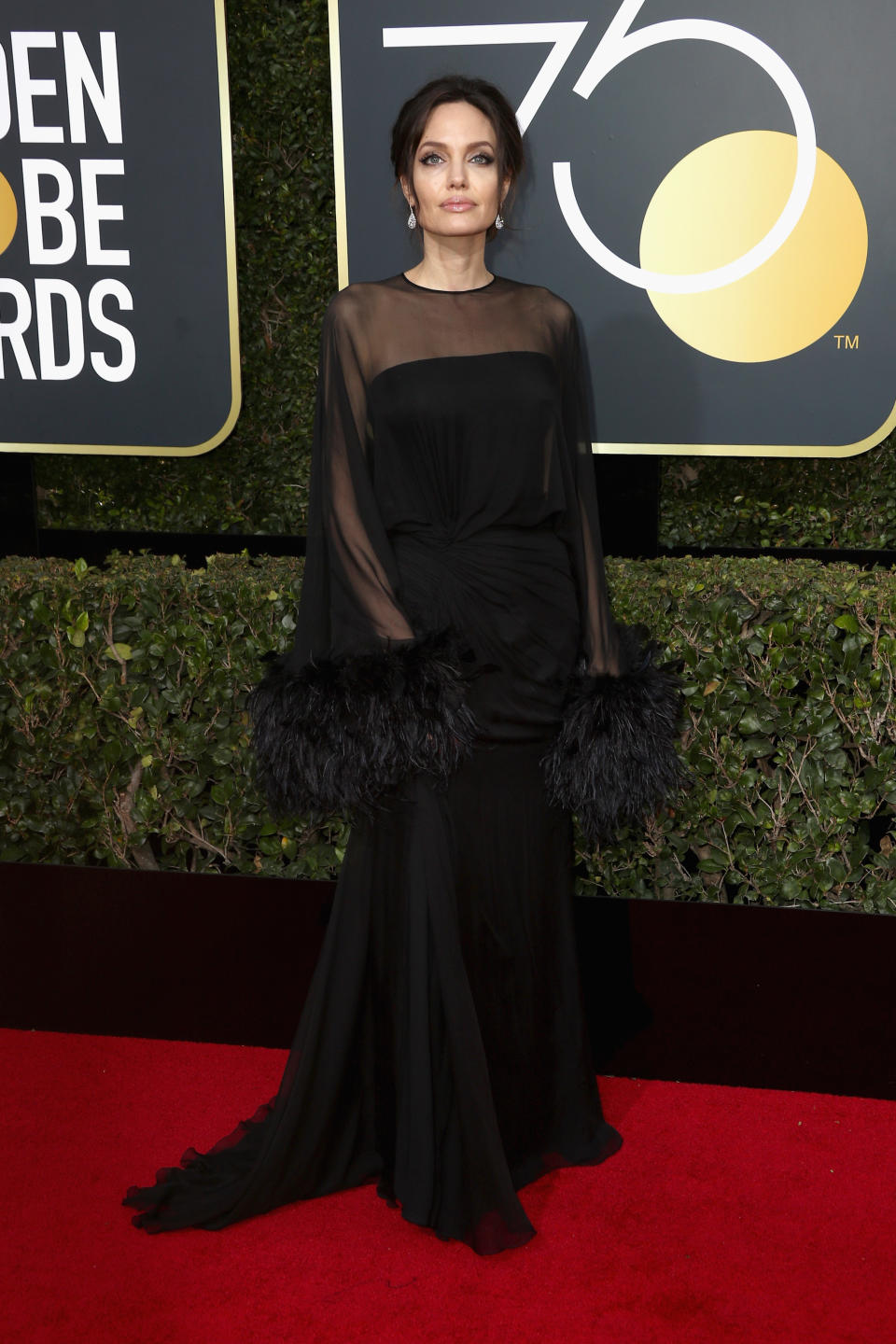 <p>For the 2018 Golden Globe Awards back in January, Angelina Jolie kick-started the year right in a sheer Atelier Versace gown and Barollo Italy shoes. A matching Stuart Weitzman clutch finished the ensemble. <em>[Photo: Getty]</em> </p>