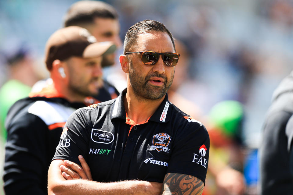 CANBERRA, AUSTRALIA - MARCH 16: Benji Marshall, new head coach of the Wests Tigers looks on during the NSW Cup ahead of the round two NRL match between Canberra Raiders and Wests Tigers at GIO Stadium, on March 16, 2024, in Canberra, Australia. (Photo by Jenny Evans/Getty Images)