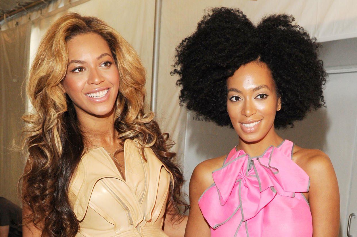 NEW YORK, NY - SEPTEMBER 13:  Singers Beyonce and Solange Knowles pose backstage at the Vera Wang Spring 2012 fashion show during Mercedes-Benz Fashion Week at The Stage at Lincoln Center on September 13, 2011 in New York City.  (Photo by Craig Barritt/Getty Images for Mercedes-Benz Fashion Week)