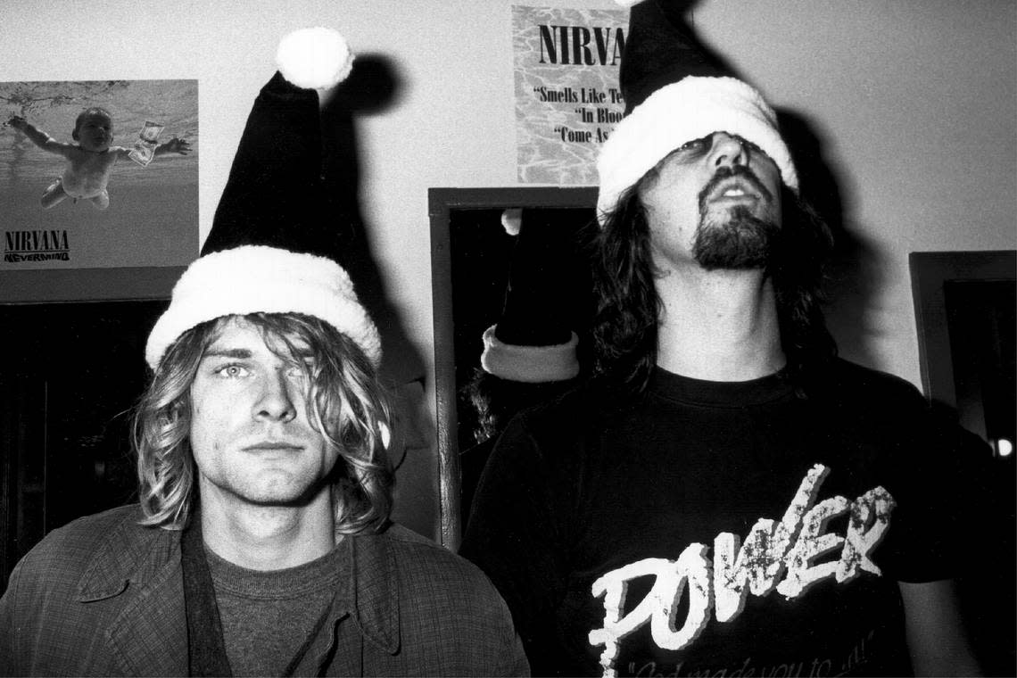 Nirvana members Kurt Cobain, left, and Krist Novoselic backstage at the Paramount Theater in Seattle, 1991.