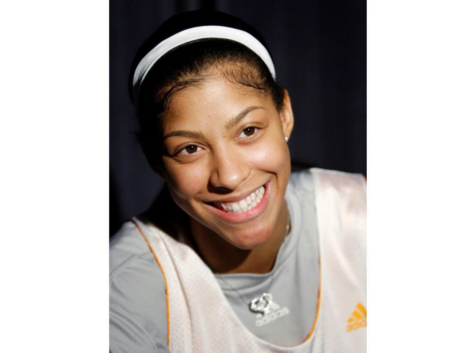 FILE -- In this March 31, 2008, file photo, Tennessee's Candace Parker smiles as she takes questions from reporters during an Oklahoma City Regional NCAA women's basketball tournament news conference in Oklahoma City. The three-time WNBA champion has announced she's retiring. Parker, a two-time league MVP, announced in a social media post on Sunday, April 28, 2024 that she's ending her career after 16 seasons. (AP Photo/Sue Ogrocki,file)