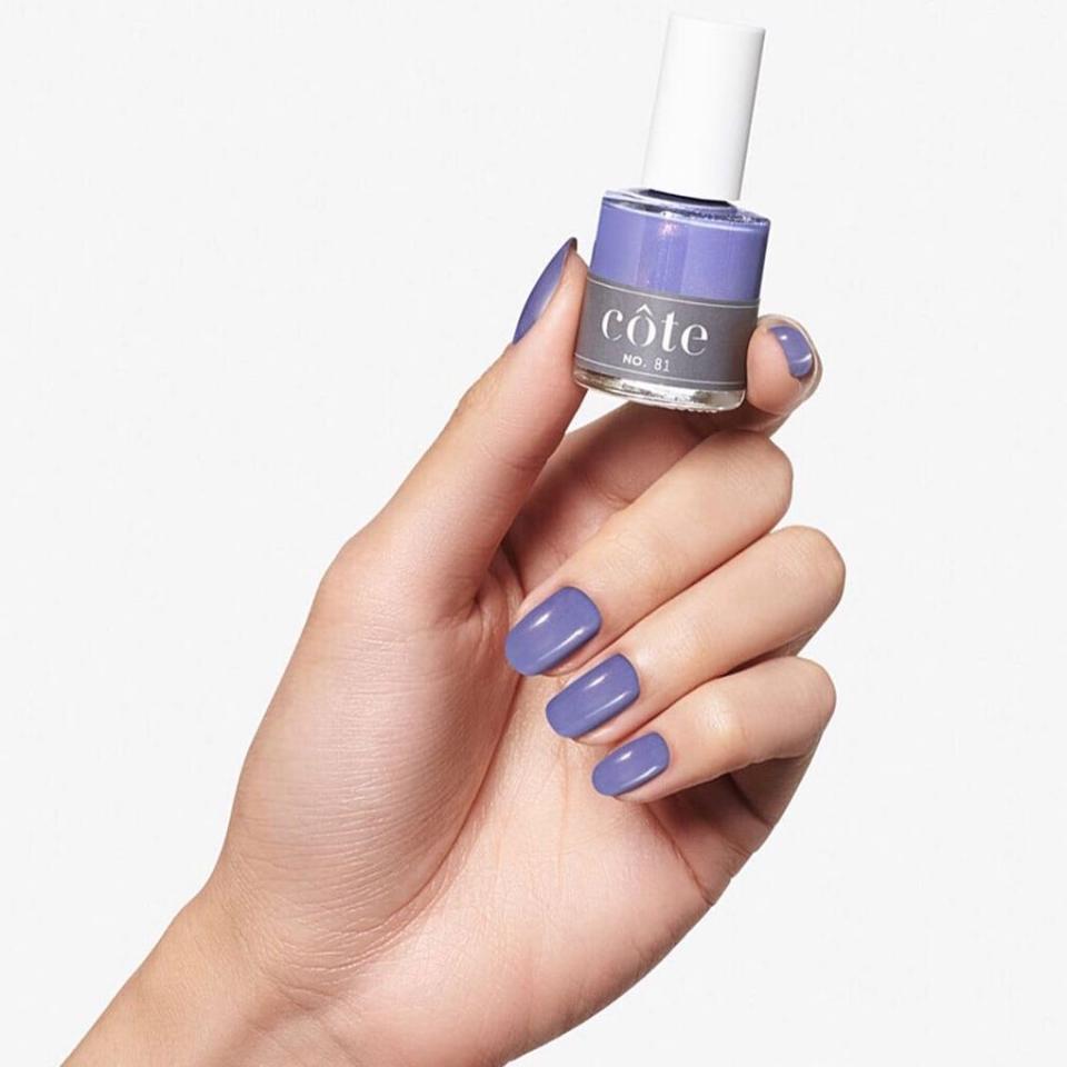 Pastels may not seem like an obvious way to go for a fall manicure, but deepen them just a bit and you've got a great summer-to-fall transitional look. Pastel purply-blue is deepened to a rich periwinkle with this <a href="https://coteshop.co/products/no-81" rel="nofollow noopener" target="_blank" data-ylk="slk:Côte shade, No. 81;elm:context_link;itc:0;sec:content-canvas" class="link ">Côte shade, No. 81</a>, a "shimmery wisteria purple."