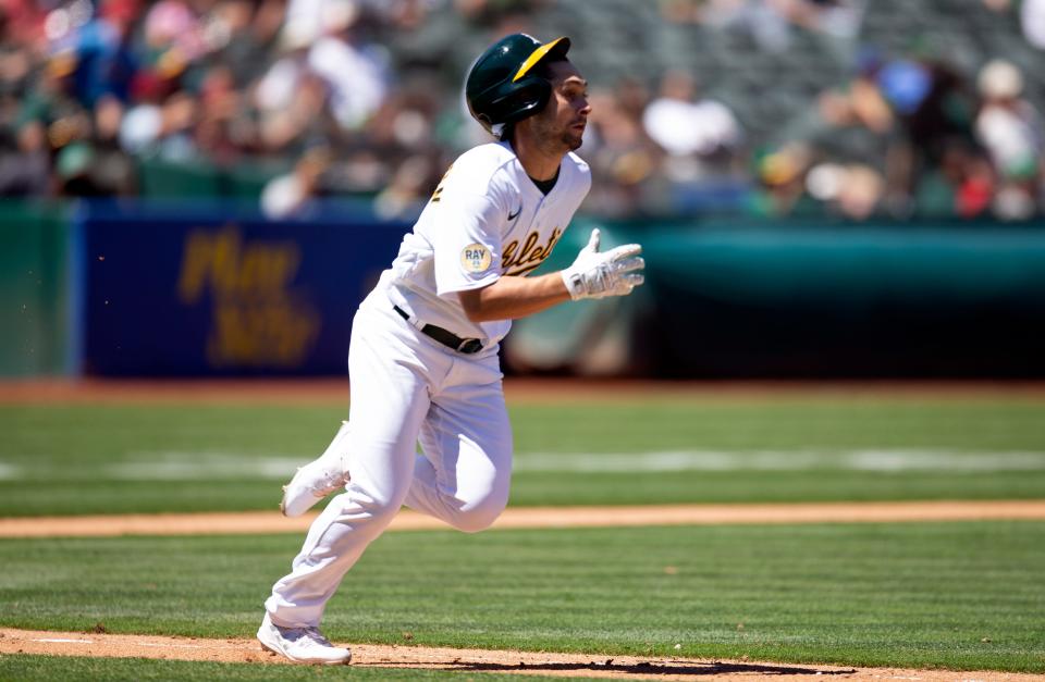 Stevenson runs out his first major-league hit on Aug. 10.