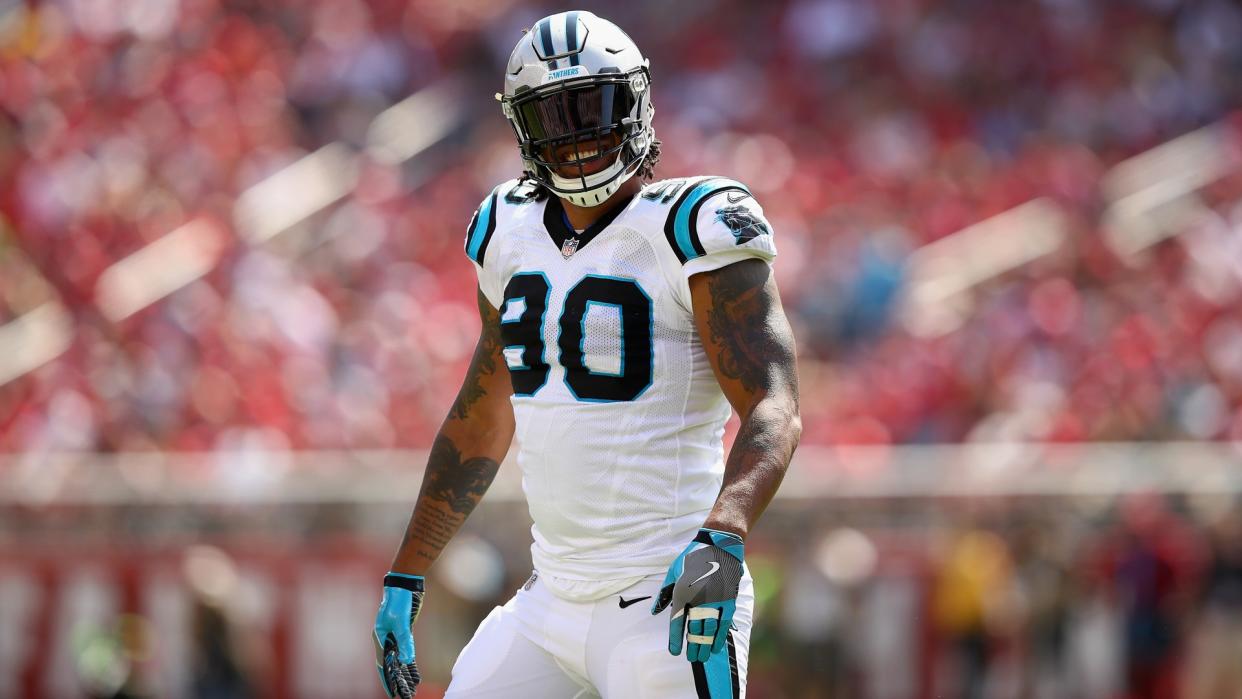 SANTA CLARA, CA - SEPTEMBER 10:  Julius Peppers #90 of the Carolina Panthers smiles during their game against the San Francisco 49ers at Levi's Stadium on September 10, 2017 in Santa Clara, California.