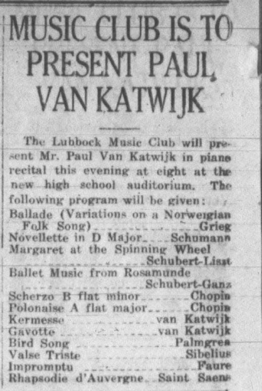 Newspaper clipping announcing the Palu Van Katwijk concert.