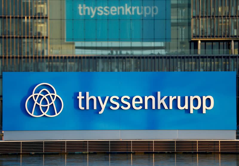 FILE PHOTO: A logo of Thyssenkrupp AG is pictured at the company's headquarters in Essen