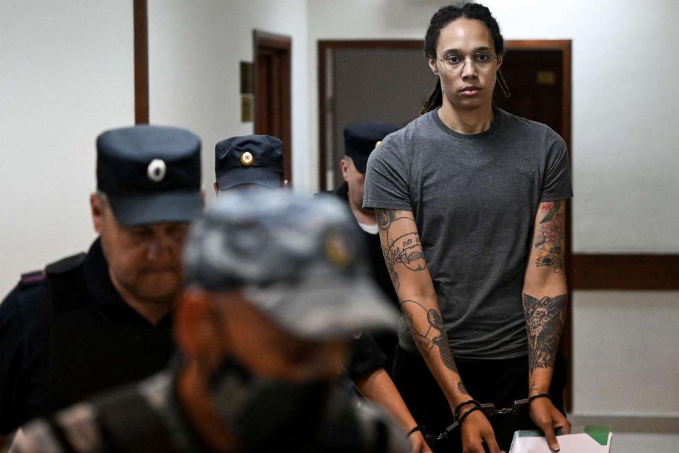 PHOTO: WNBA basketball player Brittney Griner, who was detained at Moscow's Sheremetyevo airport and later charged with illegal possession of cannabis, arrives to a hearing at the Khimki Court, outside Moscow, Aug. 4, 2022. (Kirill Kudryavtsev/AFP via Getty Images)