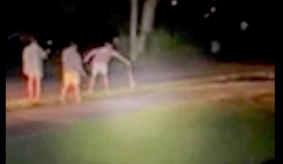 A person picks up a juvenile alligator in this still taken from a video on Tuesday, July 5, 2022, just before midnight on Bonito Road near Ocean Creek Drive on Fripp Island.