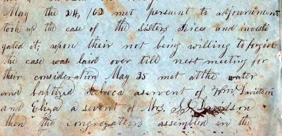 Berea Baptist Church Diary, May 25, 1862, entry recording Eliza’s baptism.