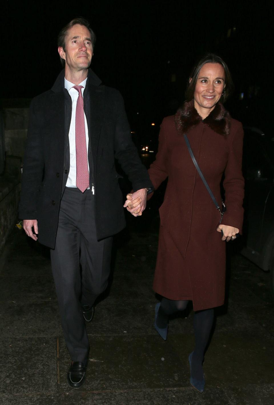 James Matthews and Pippa Middleton seen attending The Henry van Straubenzee Memorial Fund's Christmas Carol Service at St Luke's Church on December 04, 2018 in London, England