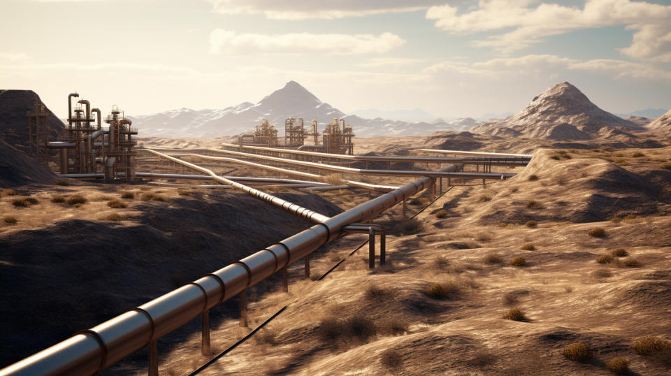 An underground network of pipelines transporting oil through an expansive terrain.