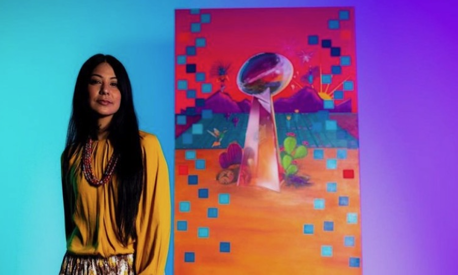 Indigenous artist Lucinda “La Morena” Hinojos (Xicana, Apache, Yaqui) created the official artwork for the Super Bowl LVII theme. (Photo: Matty Steinkamp)