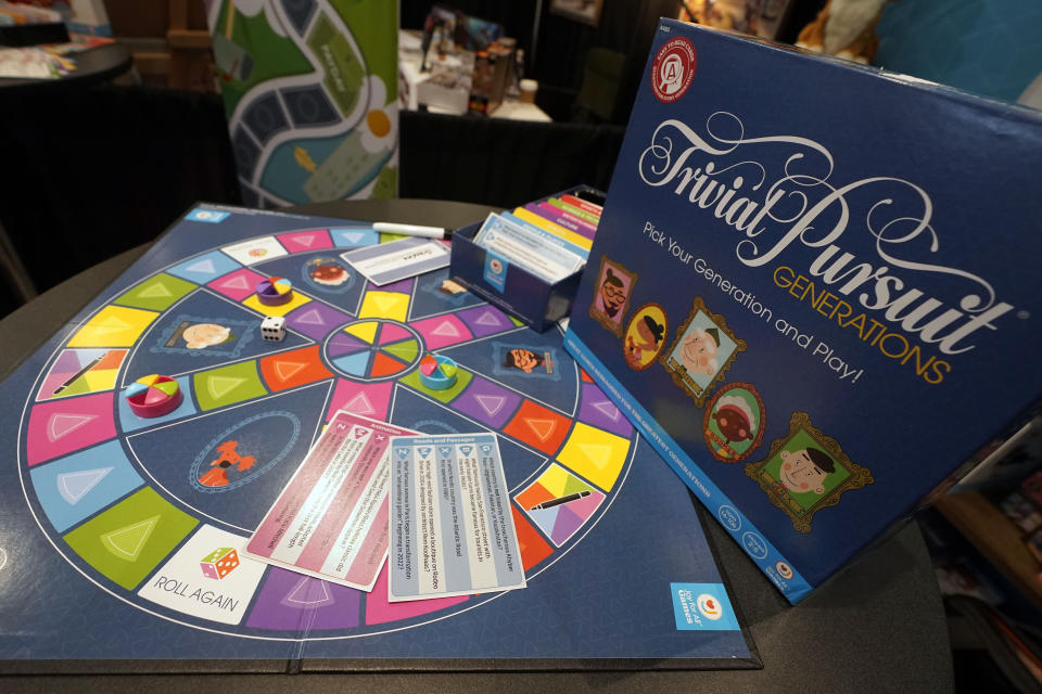 A "Trivial Pursuit Generations" game is displayed at the 2023 Toy Fair, in New York's Javits Center, Monday, Oct. 2, 2023. The new “Generations” versions of Life and Trivial Pursuit have expanded their content to cater to younger and older people alike. (AP Photo/Richard Drew)