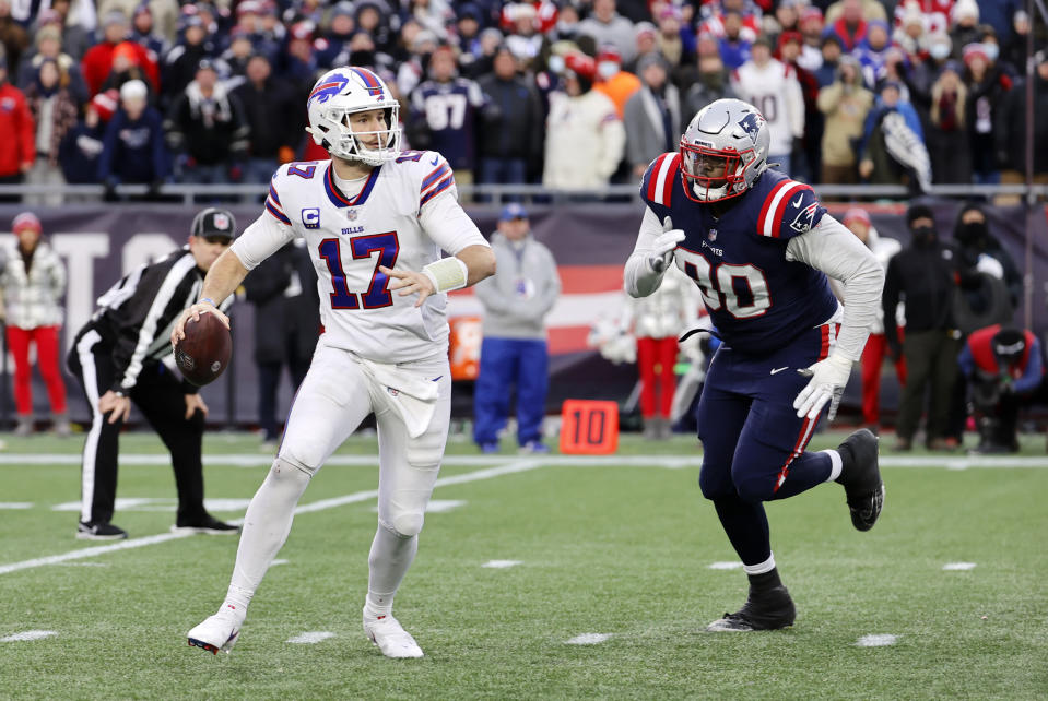 The Buffalo Bills, with Josh Allen, split the season series against the Patriots. (Photo by Fred Kfoury III/Icon Sportswire via Getty Images)