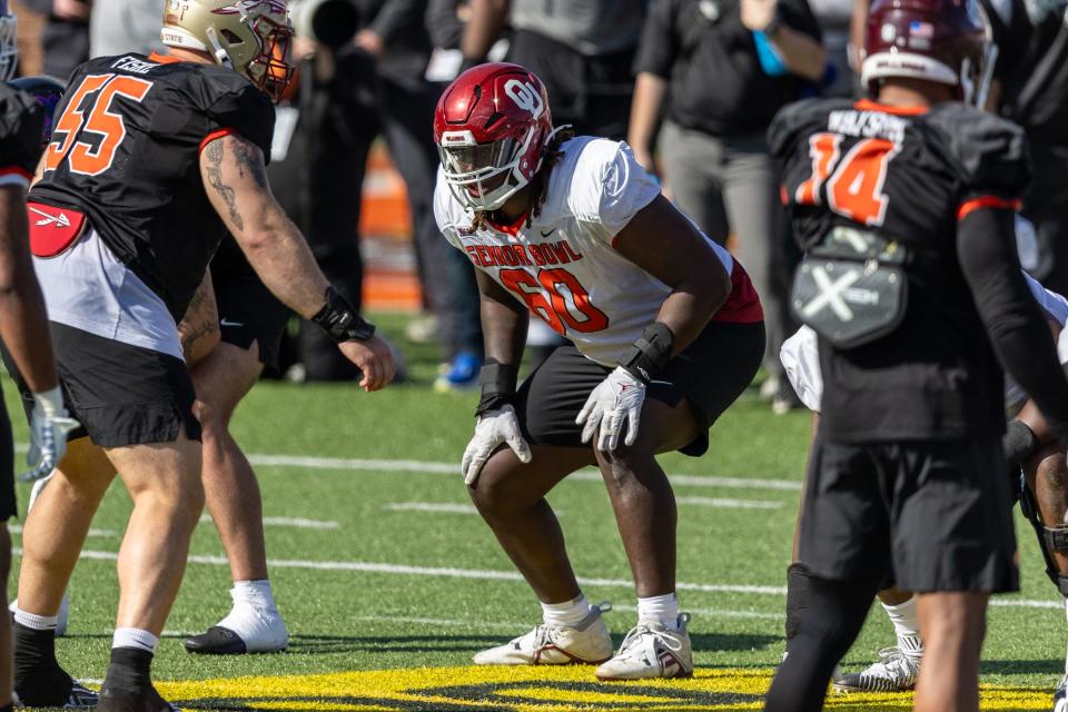 Jan 30, 2024; Mobile, AL, USA; American offensive lineman Tyler Guyton of Oklahoma (60) gets set on the line during practice for the American team at Hancock Whitney Stadium. Mandatory Credit: Vasha Hunt-USA TODAY Sports